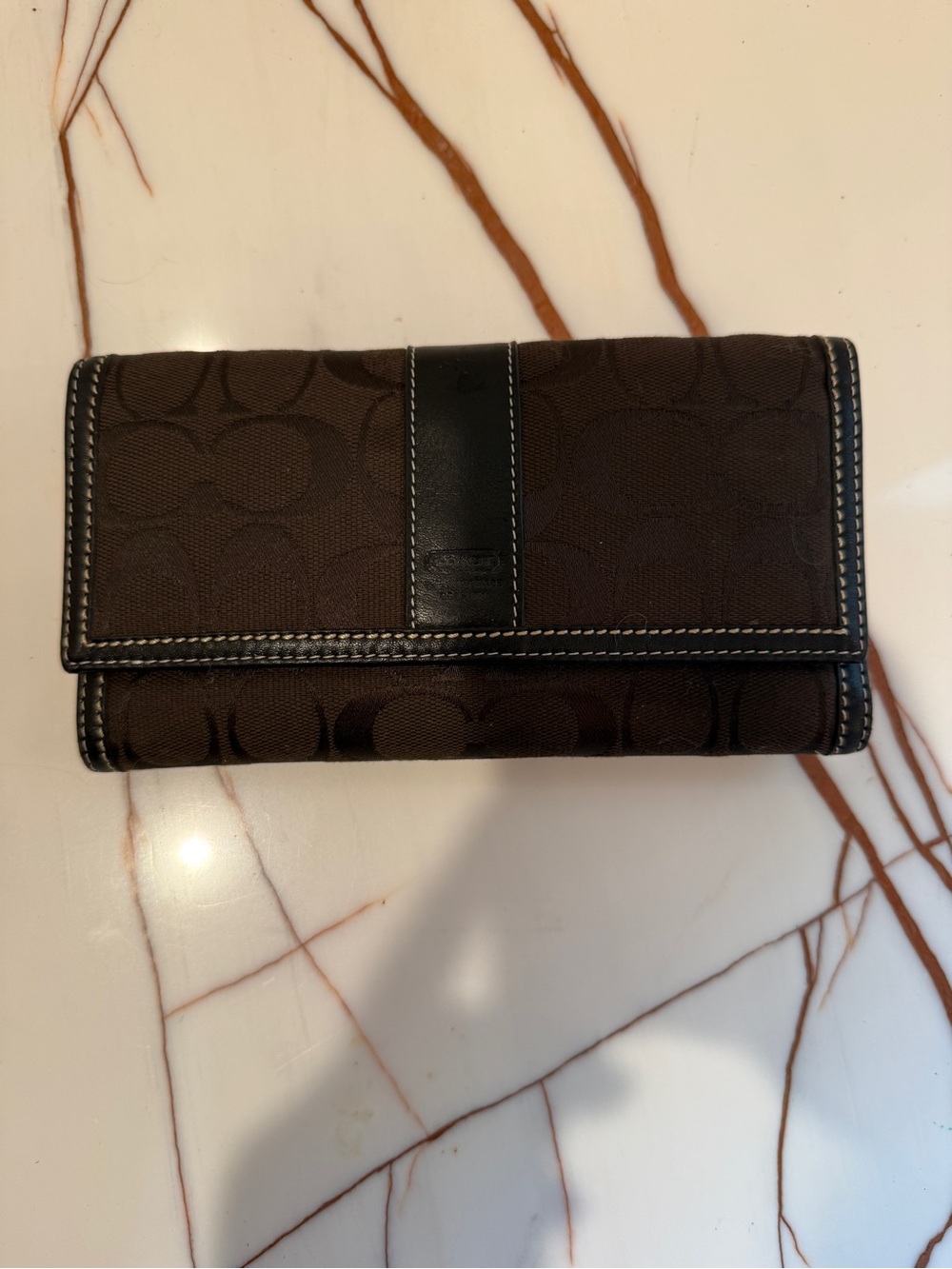 Coach Dark Brown Signature Canvas Continental Wallet with Black Trim